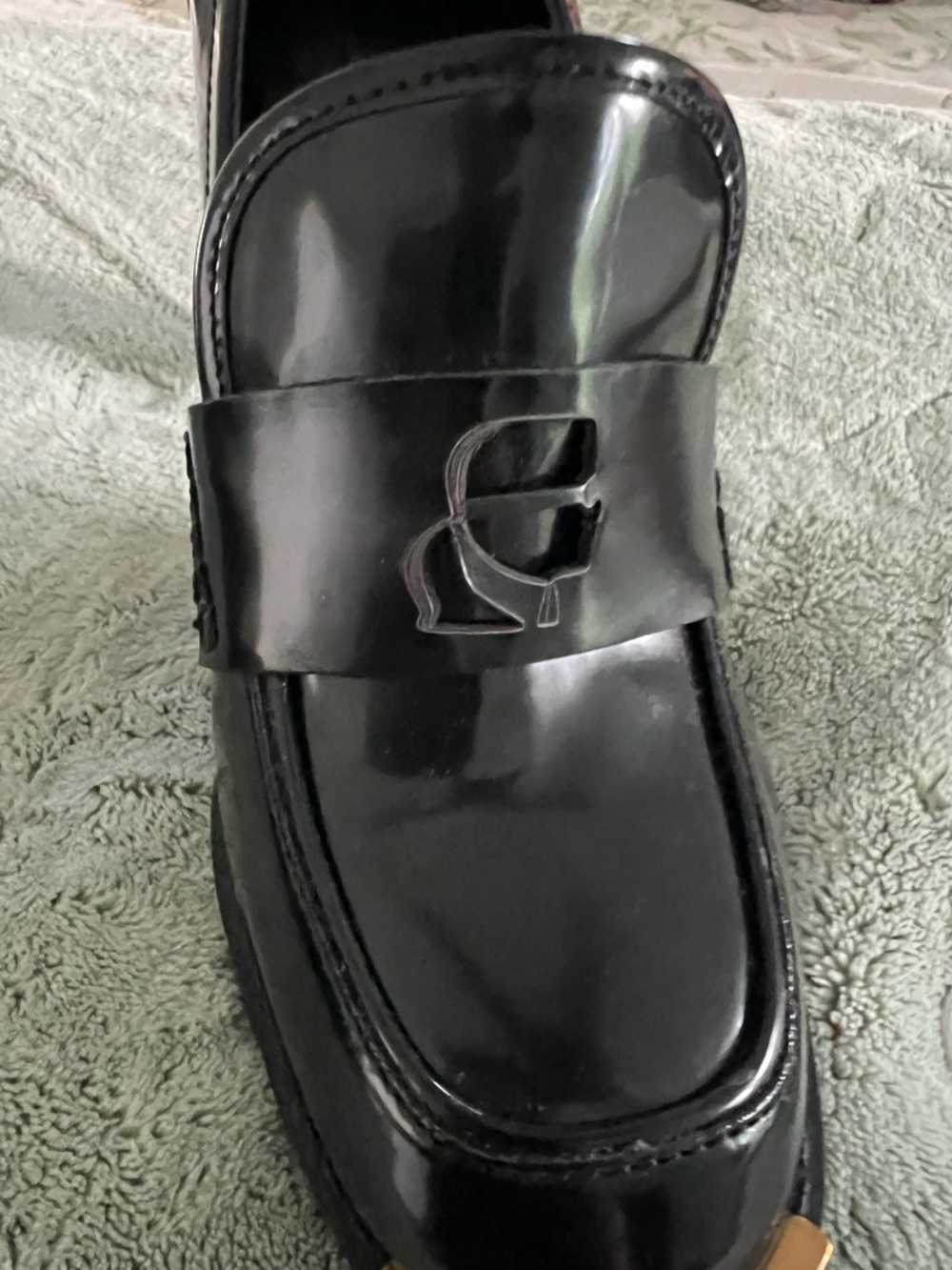 Karl Lagerfeld Black Patent Loafers with Tan Toe Accent - Picture 8 of 12
